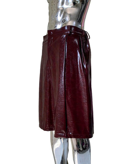Mauroicardi Autumn Cool Handsome Waterproof Shiny Burgundy Pu Leather Straight Shorts for Men High Waist Luxury Designer Clothes