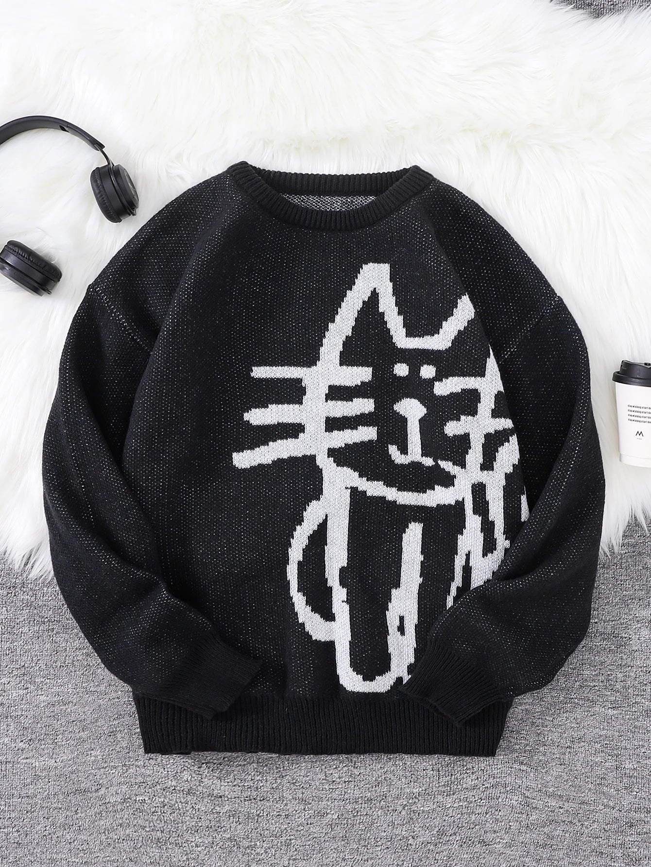 Autumn and Winter Abstract Kitten Jacquard Pattern Pullover Sweater Casual Round Neck Knitted Men's Pullover