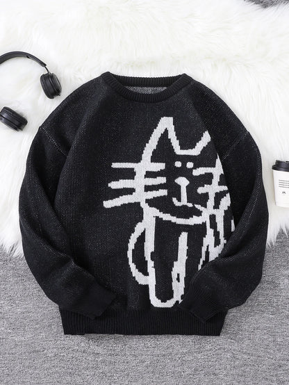 Autumn and Winter Abstract Kitten Jacquard Pattern Pullover Sweater Casual Round Neck Knitted Men's Pullover