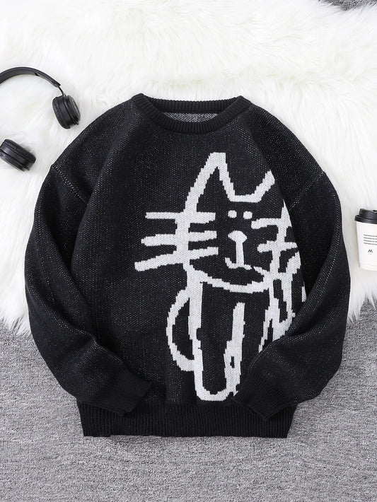 Autumn and Winter Abstract Kitten Jacquard Pattern Pullover Sweater Casual Round Neck Knitted Men's Pullover
