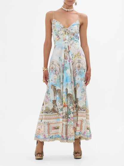 Sexy Strapless Printed Holiday Dress CML Australian Retro Oil Painting Print V-Neck A-Line Midi Dress Polyester Fiber Summer