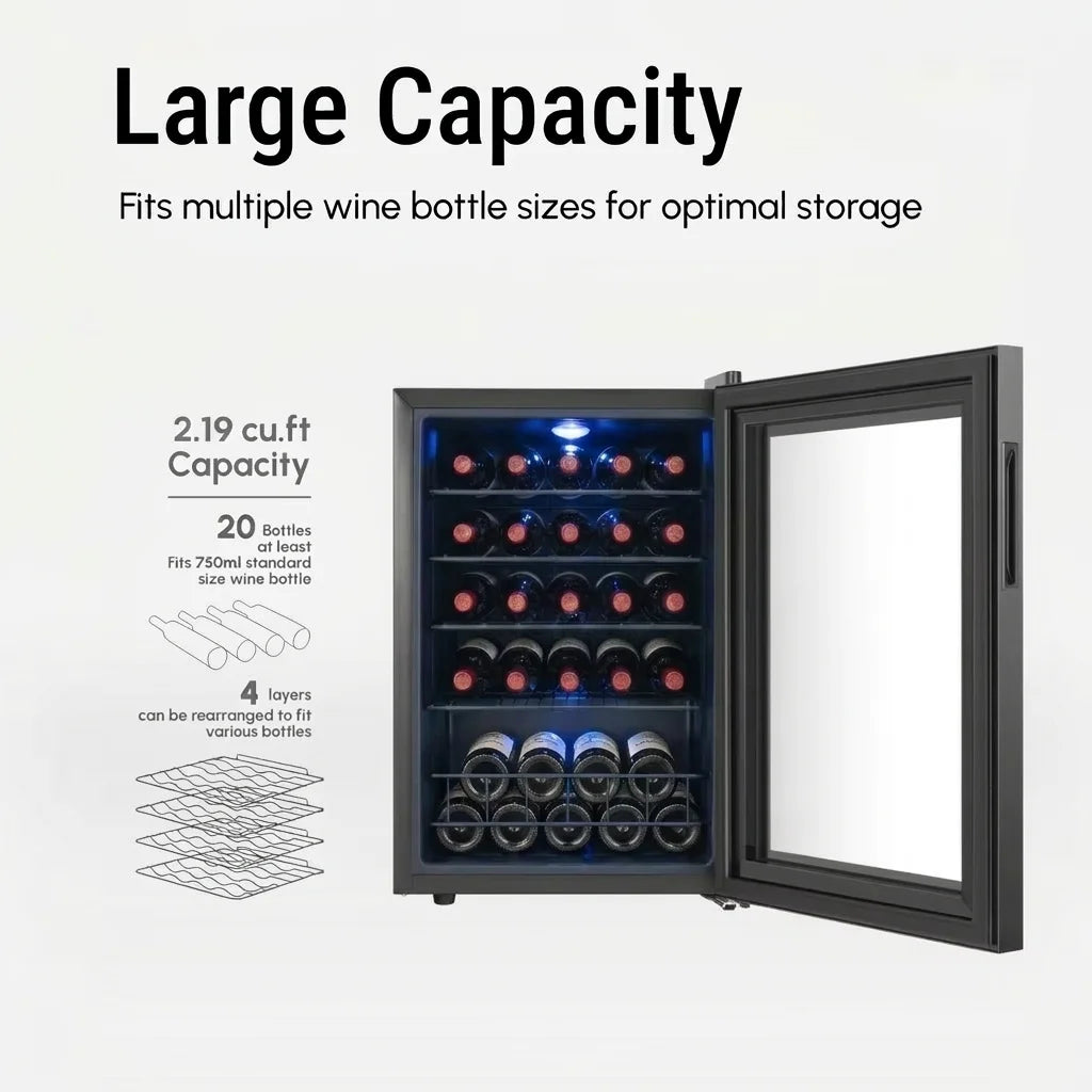 20 Bottles Single Zone Wine Cooler Direct Cooling Under Counter Built-in Wine Fridge 3-18℃ Electronic Touch Control ℃/℉ Convertible Blue LED Light Wine Refrigerator Cabinet for Home Kitchen Bar
