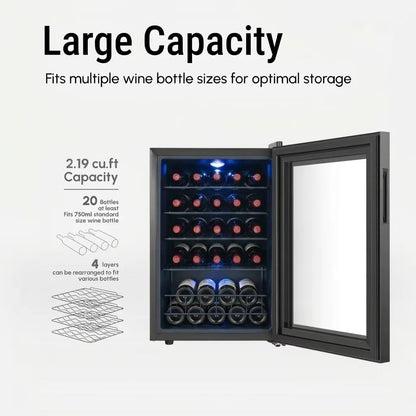 20 Bottles Single Zone Wine Cooler Direct Cooling Under Counter Built-in Wine Fridge 3-18℃ Electronic Touch Control ℃/℉ Convertible Blue LED Light Wine Refrigerator Cabinet for Home Kitchen Bar