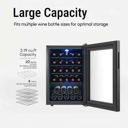 20 Bottles Single Zone Wine Cooler Direct Cooling Under Counter Built-in Wine Fridge 3-18℃ Electronic Touch Control ℃/℉ Convertible Blue LED Light Wine Refrigerator Cabinet for Home Kitchen Bar