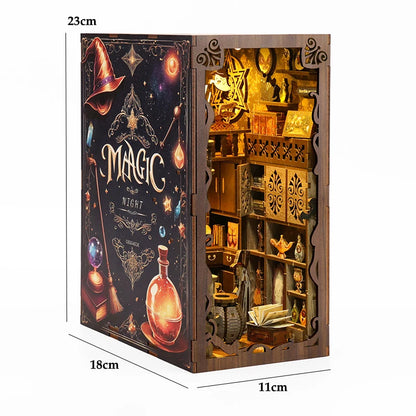 DIY Book Nook Shelf Insert Kit 3D Wooden Puzzle Doll House Assembly Building Model Bookends With Furniture LED Light Xmas Gifts