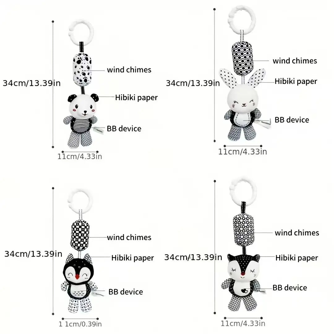 Portable Plush Baby Toy with Wind Chime and Rattle, Black White Design for Stroller Crib Hanging Decor, Safe Cute Newborn Gift