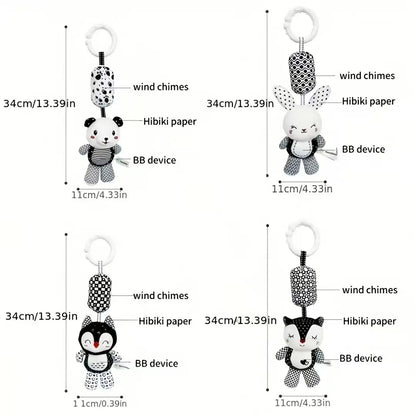Portable Plush Baby Toy with Wind Chime and Rattle, Black White Design for Stroller Crib Hanging Decor, Safe Cute Newborn Gift