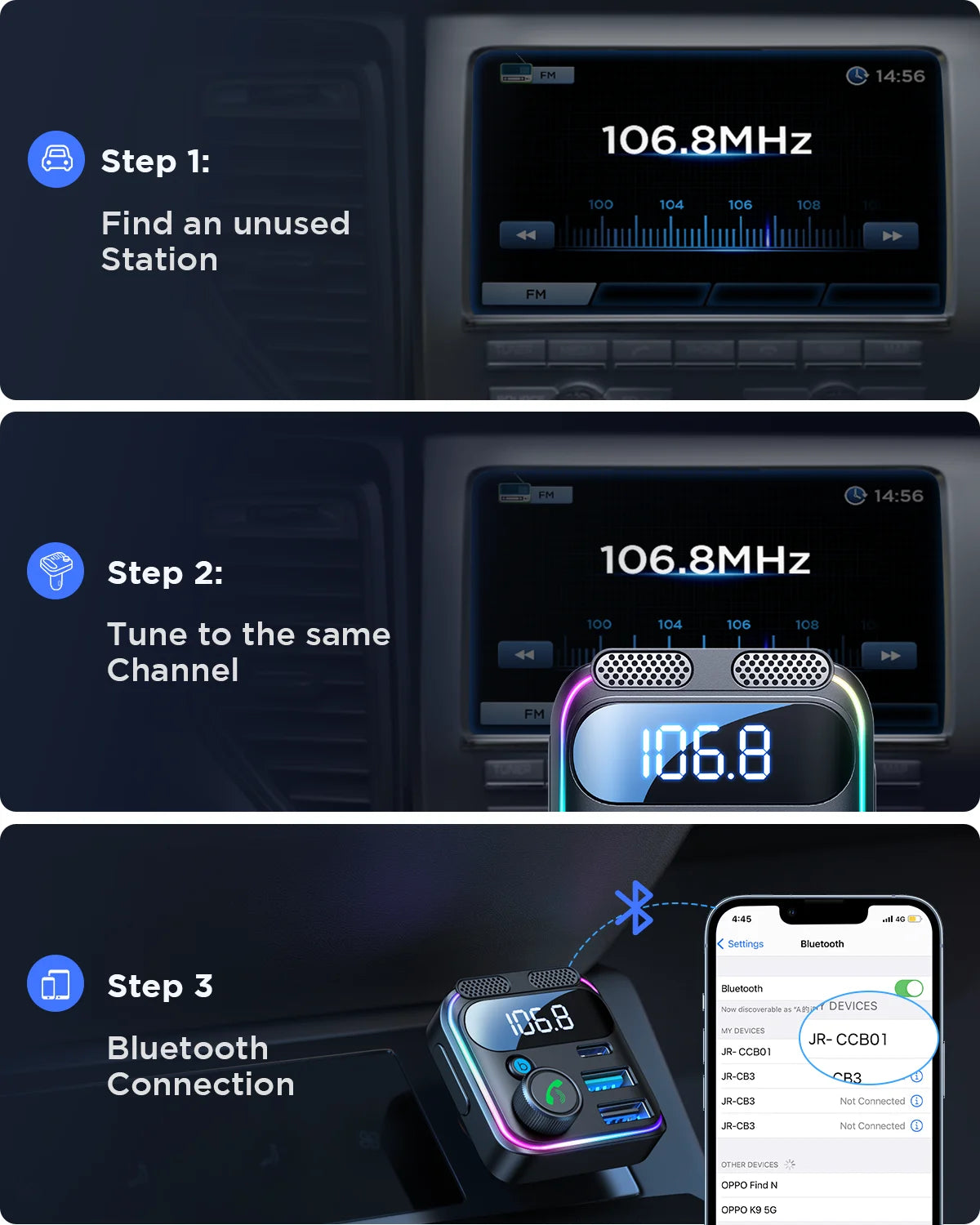 Joyroom 81W Fast Car Charger Bluetooth 6.0 FM Transmitter Wireless Radio Handsfree Calling Dual Mics Auto MP3 Player Car Charger
