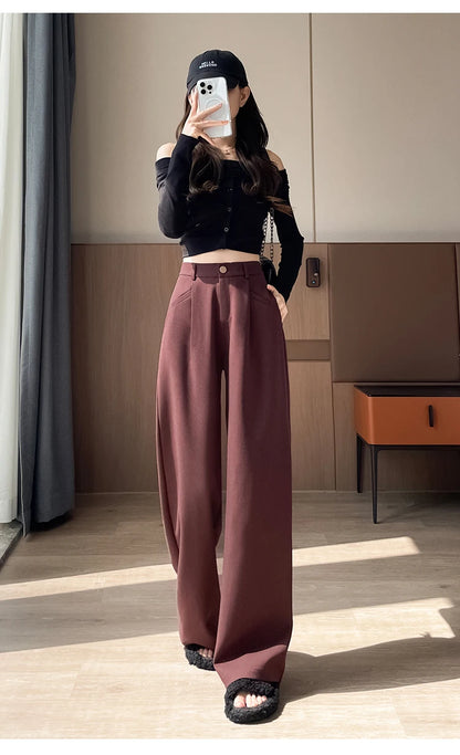 Seoulish Autumn Elegant Women's Wide Leg Pants 2024 New Korean Solid Button Casual Loose Office Full Length Trousers Female