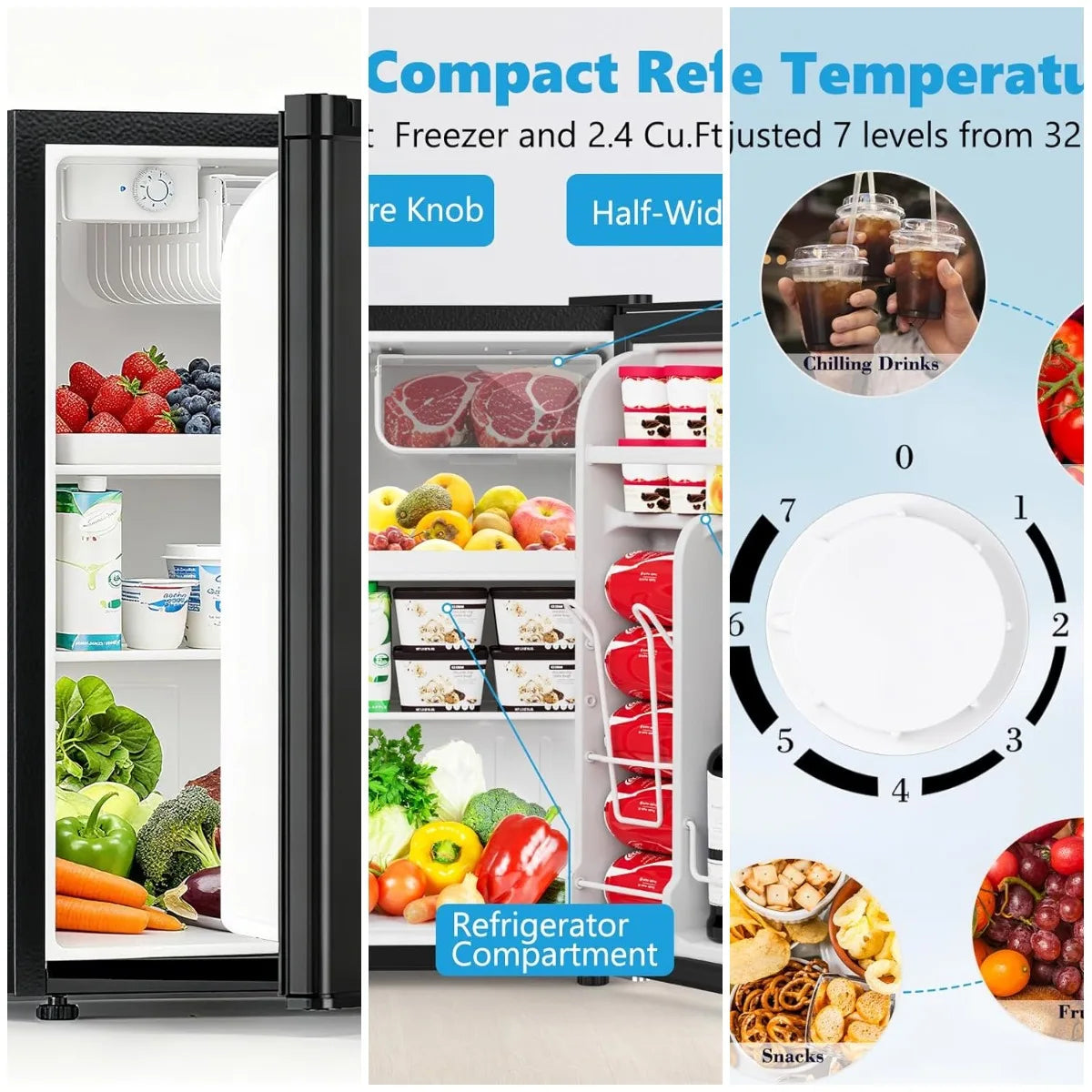 2.6 Cu.Ft Dorm Fridge with Freezer, Single Reversible Door Compact Refrigerator, Adjustable