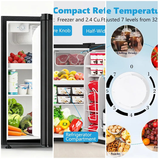2.6 Cu.Ft Dorm Fridge with Freezer, Single Reversible Door Compact Refrigerator, Adjustable