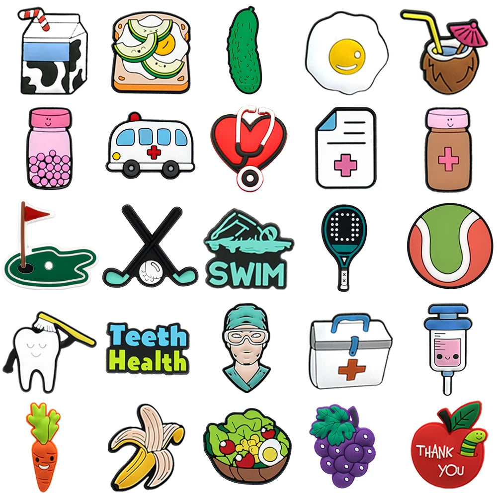 1/25PCS Cute Food & Health Theme PVC Shoe Charms for Clogs, Milk Carton, Ambulance, Tennis Ball DIY Accessories for Kids & Teens