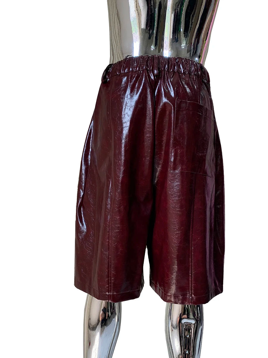 Mauroicardi Autumn Cool Handsome Waterproof Shiny Burgundy Pu Leather Straight Shorts for Men High Waist Luxury Designer Clothes