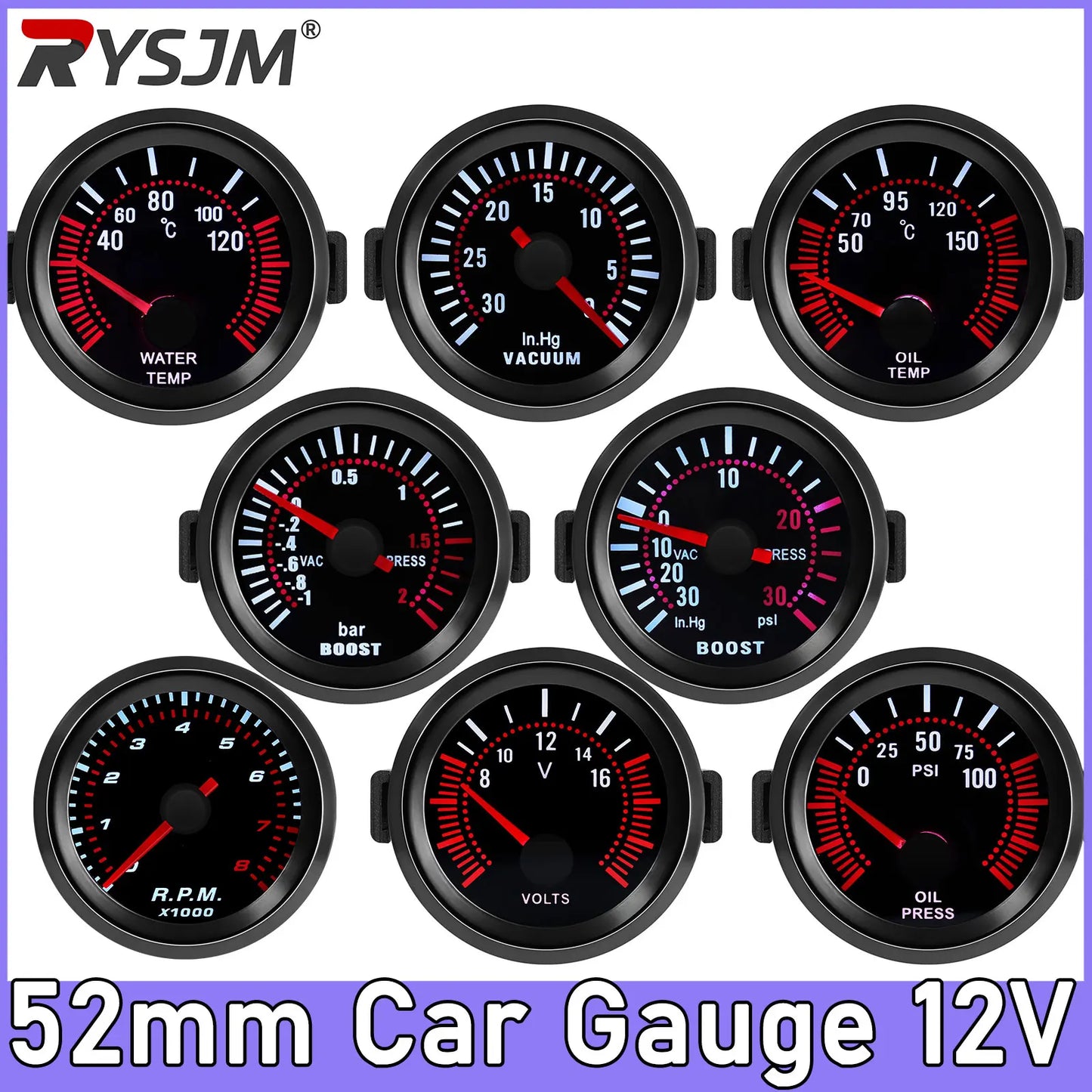 2" Turbo Boost Gauge 52mm Smoke Lens with Sensor Boost Gauge Bar Psi/Vacuum/Water Temp/Oil Pressure/Voltmeter/Tachometer RPM