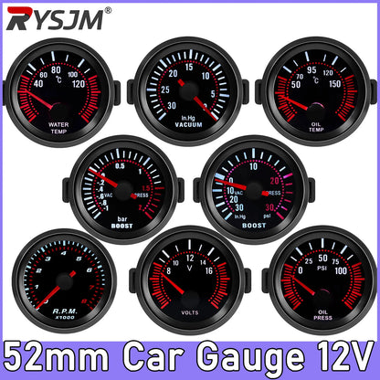 2" Turbo Boost Gauge 52mm Smoke Lens with Sensor Boost Gauge Bar Psi/Vacuum/Water Temp/Oil Pressure/Voltmeter/Tachometer RPM