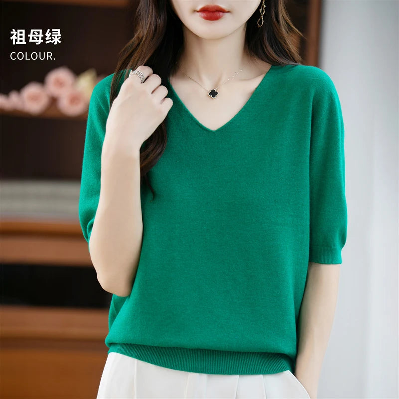 Thin Worsted Wool Short-Sleeved Women's Loose Round Neck T-shirt Printed Summer Fashion Knitted Bottoming Shirt Half-Sleeved