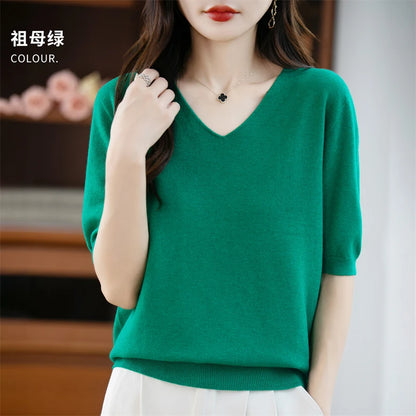 Thin Worsted Wool Short-Sleeved Women's Loose Round Neck T-shirt Printed Summer Fashion Knitted Bottoming Shirt Half-Sleeved