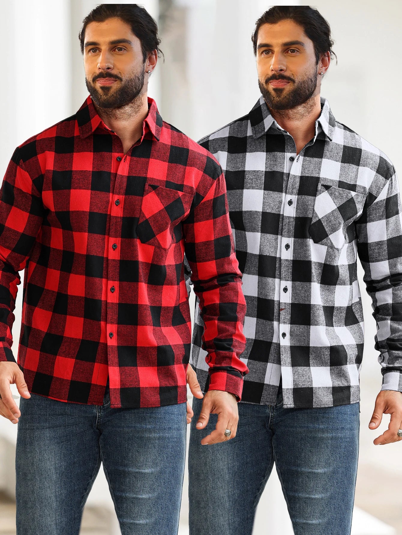 2-Piece Men's Multi-Pattern Plaid Shirt with Color Block Design, Single-Breasted with Pockets, Suitable for Layering or Wearing
