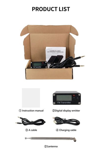 0.5W FM Transmitter 76-108MHz 2KM Range LCD Stereo, 3.5mm AUX USB-C Wireless Audio Broadcast For Car & Church