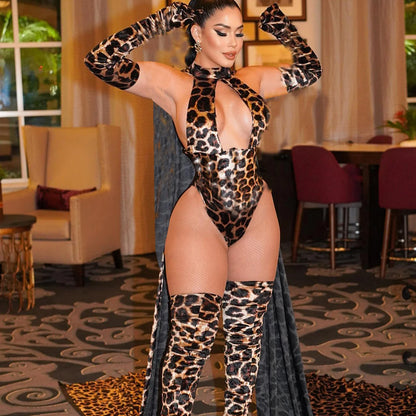 2025 Explosion Models Women's Sexy Lingerie Leopard Print Jumpsuit Hollow Jumpsuit Stockings Gloves Erotic three-piece Set