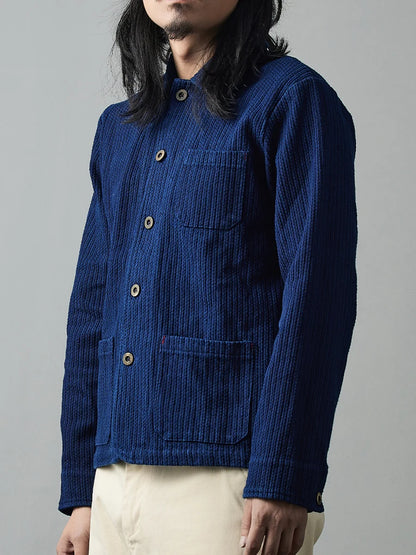 Indigo Handmade Plant Blue Dyed Jacket Casual Versatile French Work Jacket Sashiko Long-Sleeved Jacket