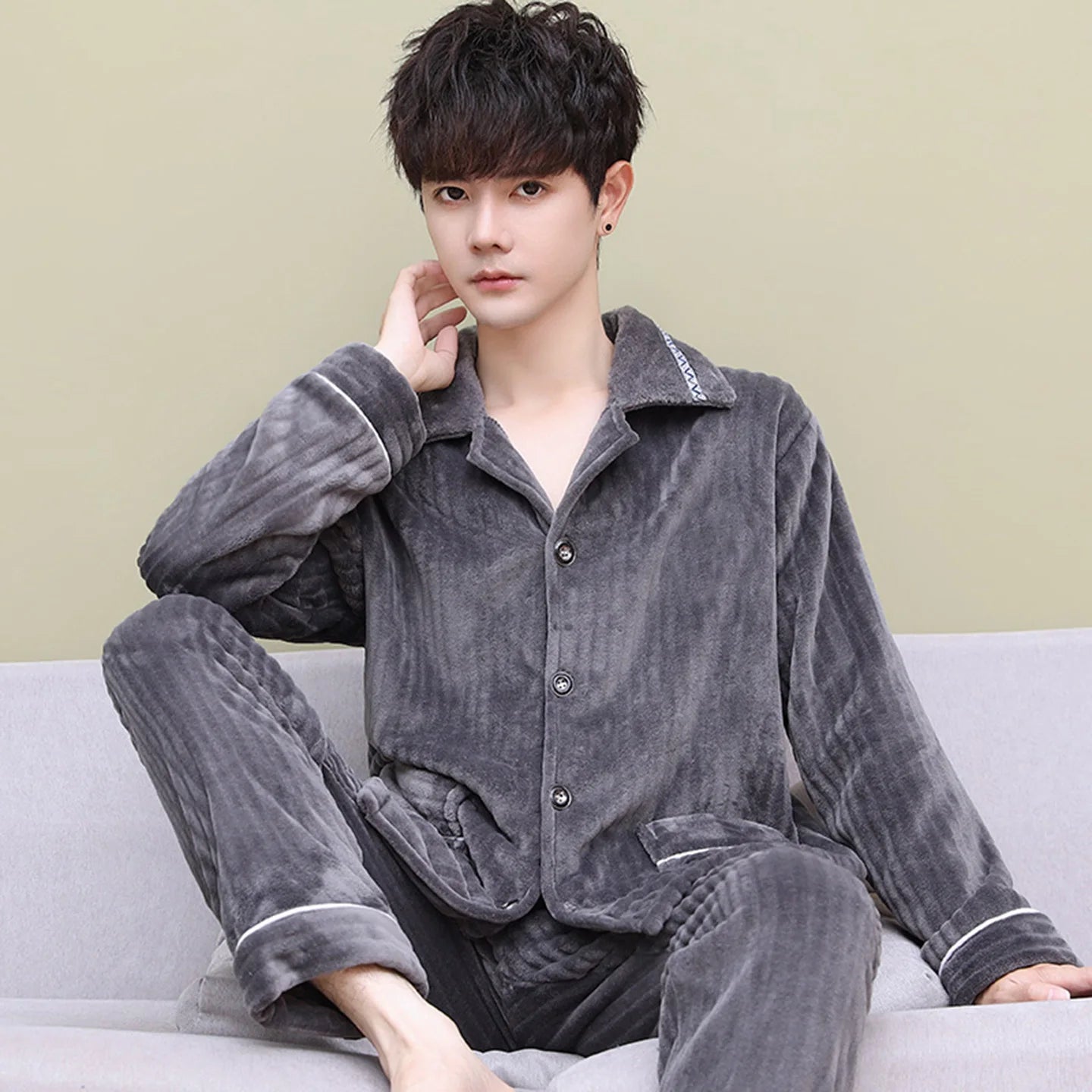 Men's Thickened Flannel Pajamas Coral Fleece Home Clothes Cardigan Set Long Sleeve Long Pants Soft Warm Winter Autumn Sleepwear