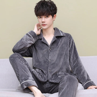 Men's Thickened Flannel Pajamas Coral Fleece Home Clothes Cardigan Set Long Sleeve Long Pants Soft Warm Winter Autumn Sleepwear