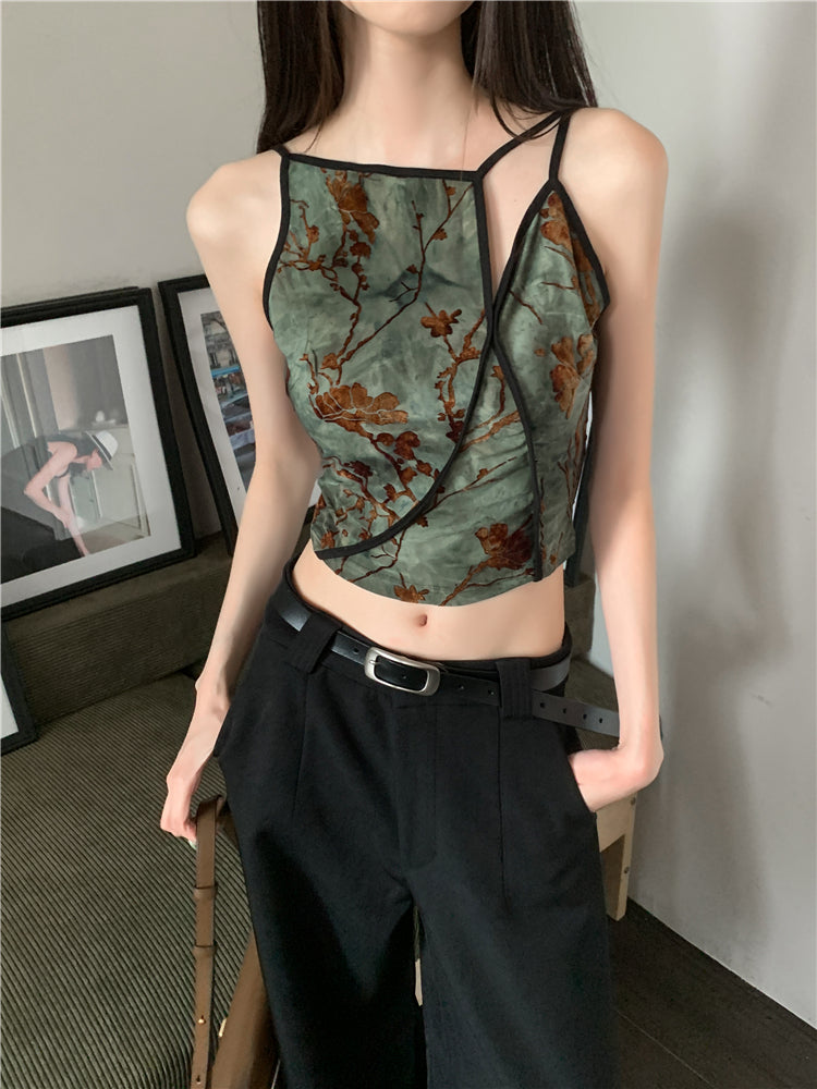 CHEERART Flocking Floral Vintage Crop Cami Top For Women Sleeveless Flower Green Tops Designer Clothes Luxury