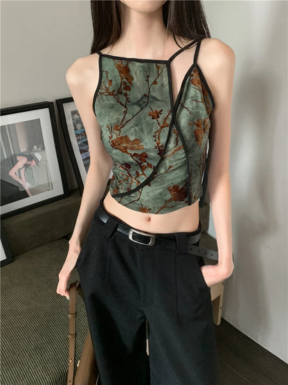 CHEERART Flocking Floral Vintage Crop Cami Top For Women Sleeveless Flower Green Tops Designer Clothes Luxury