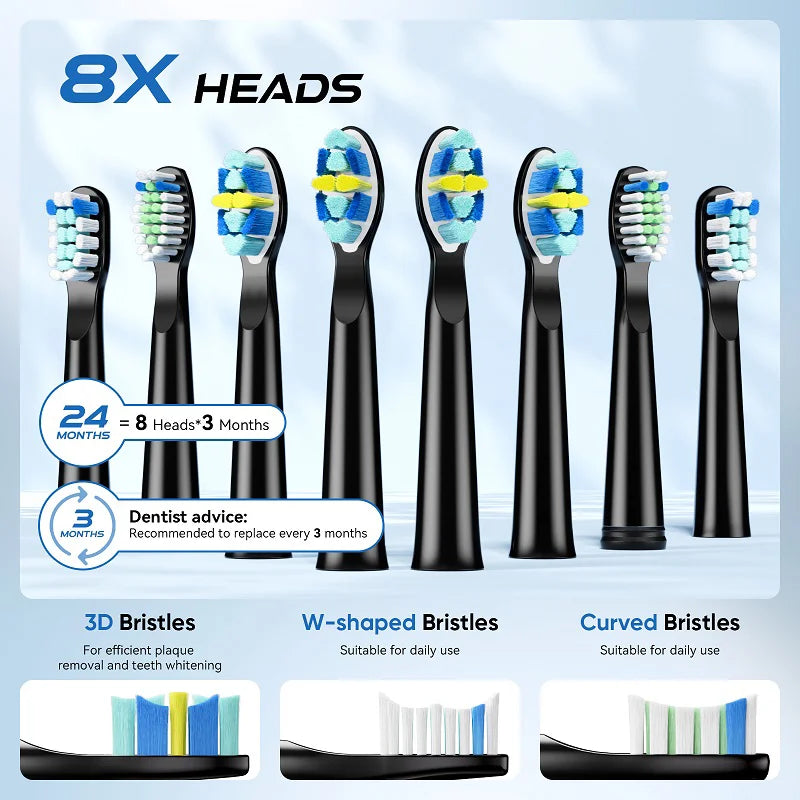 YUNCHi Sonic Electric Toothbrush USB Charger Tooth Cleaner 8 pcs Replacement Brush Heads 30 Days Long Battery Life 5 Modes Y5