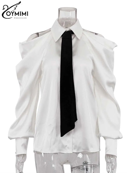 Oymimi Elegant White Patchwork Women's Shirt Fashion Lapel Long Sleeve Shirts Casual Necktie Off The Shoulder Button Blouses