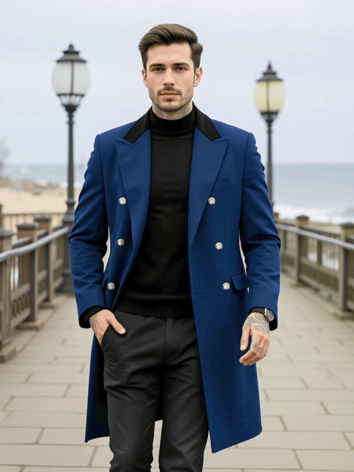 Men's Double-Breasted Wool Overcoat Thickened for Extreme Cold Patchwork Windbreaker Coat Windproof Street Style Tailoring