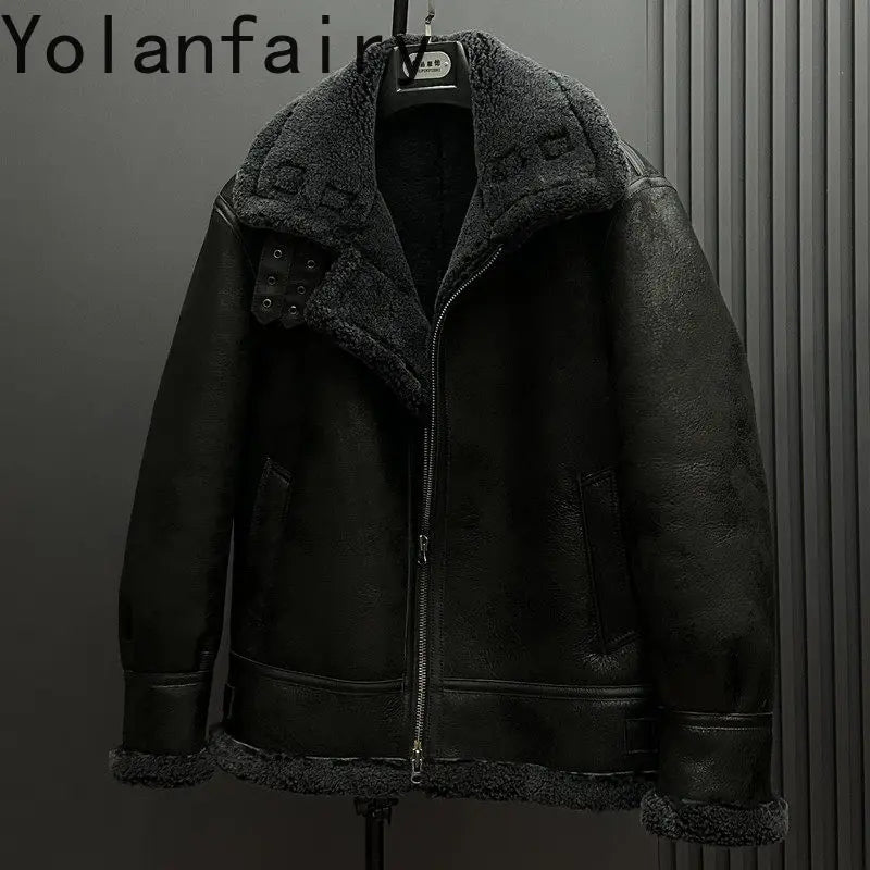 YOLANFAIRY 100% Genuine Sheepskin Leather Jacket Man Winter Warm Natural Fur Coat Motorcycle Jackets Men's Leather and Fur Coats