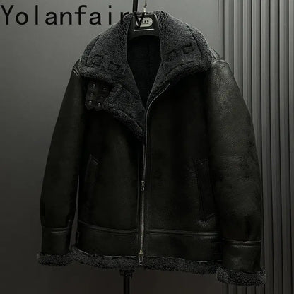 YOLANFAIRY 100% Genuine Sheepskin Leather Jacket Man Winter Warm Natural Fur Coat Motorcycle Jackets Men's Leather and Fur Coats