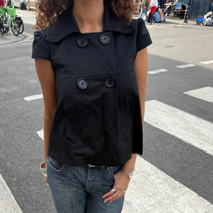 Solid color button short sleeved polo neck T-shirt with waist cinching and wide hem, American casual women's shirt