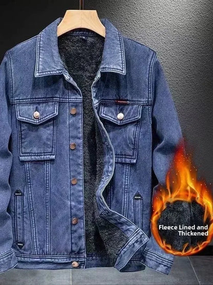Men's Fashionable Thickened Fleece Lined Slim Fit Denim Jacket Autumn Winter Warm Stylish Workwear Top Quality Chinese Produc...