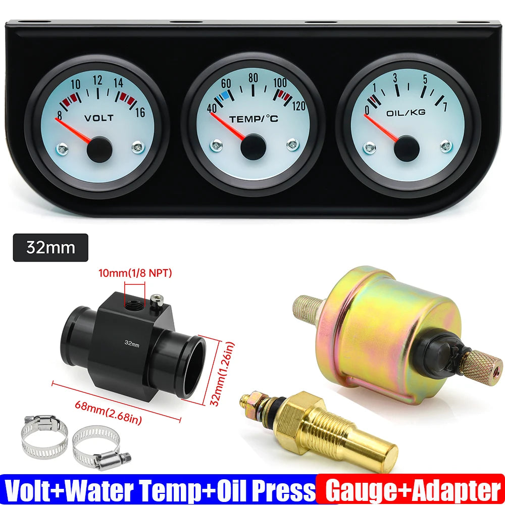 3IN1 Triple Meter Kits Gasoline Car 12V 52mm Voltage+Water Temp+Oil Pressure Gauge with Sensor Radiator Hose Adapter 26MM-40MM