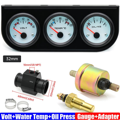 3IN1 Triple Meter Kits Gasoline Car 12V 52mm Voltage+Water Temp+Oil Pressure Gauge with Sensor Radiator Hose Adapter 26MM-40MM