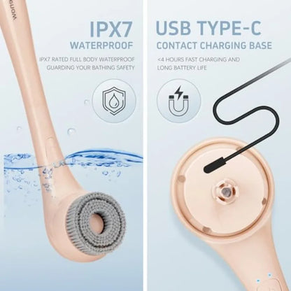 Electric Body Brush, Waterproof Back Scrubber for Shower with Long Handle and 3 Heads, Rechargeable Exfoliating Brush for Body