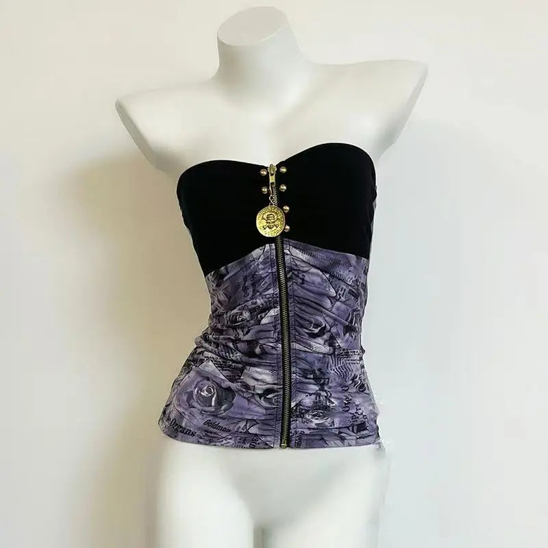 Retro Hottie Slim Strapless Vests American Subculture Leopard Stitching Tanks Tops Punk Harajuku Zipper Design Women's Sexy Vest
