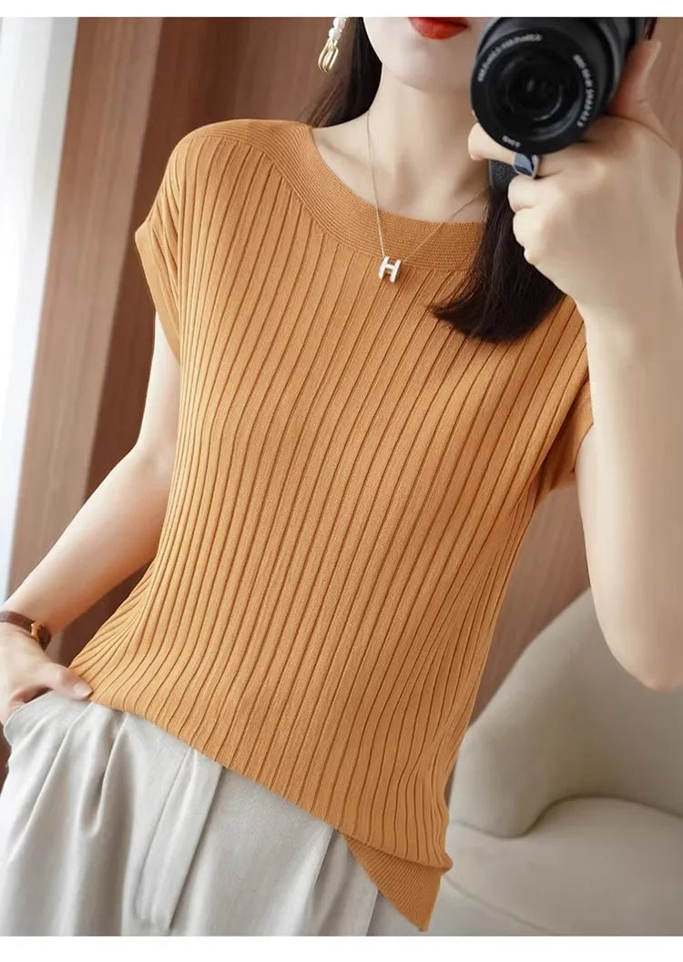 Ice Silk Knitted Top Women Loose Spring Summer New Style Thin Short Sleeve One Shoulder T-Shirt Breathable Comfortable Casual...
