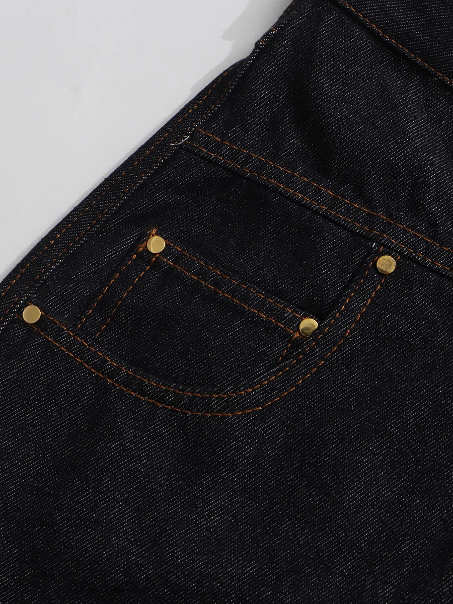 VGH Solid Spliced Button Loose Denim Two Piece Sets For Women Lapel Long Sleeve Top High Waist Pants Chic Set Female Fashion
