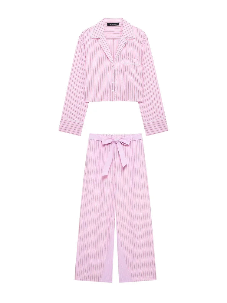 HH Women Striped Pants Suit Lapel Pocket Single-breasted Blouse+Side Zipper Lace Short Top+High Waist With Belt Poplin Pant
