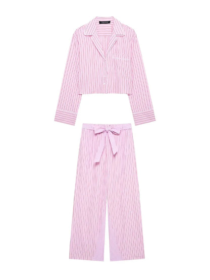 HH Women Striped Pants Suit Lapel Pocket Single-breasted Blouse+Side Zipper Lace Short Top+High Waist With Belt Poplin Pant