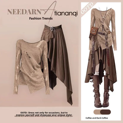 Fall Travel Set Women's Vintage Spicy Hollow Knitted Top with Mellerd Asymmetrical  Skirt Two-Piece Set Casual Style