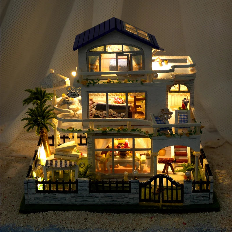New Diy Wooden Mini Seaside Villa Miniature Building Kits Doll Houses With Furniture Casa Dollhouses For Friends Birthday Gifts