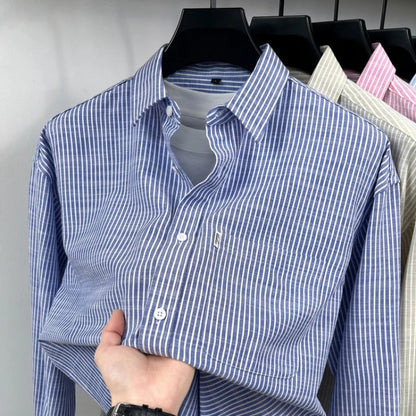 Men's Cotton-Linen Long-sleeved Striped Shirt | Notch Collar Design | Casual To Business Casual Wear Daily Commute