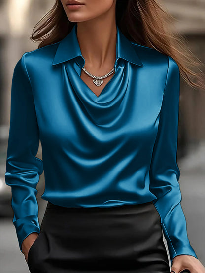 Elegant Satin V-Neck Shirt - Stylish Long-Sleeve Women's Top, Suitable for Casual and Refined Office Commuting, Silk Fabric Autu