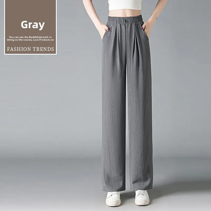 Ice Silk Slim Wide Leg Pants Women's Summer Drapey High Waist Straight Casual Lazy Floor Length Pants Cool Pants