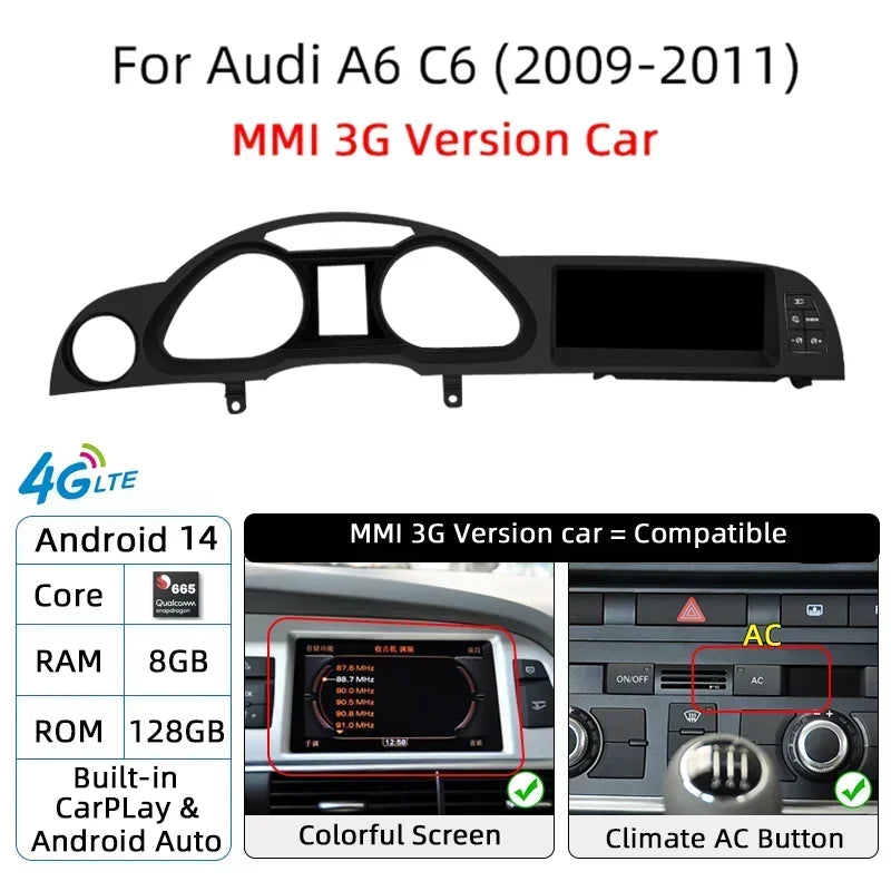 Android 14 Auto Radio CarPlay For Audi A6 C6 4f  For Audi Q7 4L 2005-2015 MMI 2G 3G GPS Car Multimedia Player Navi Stereo DSP